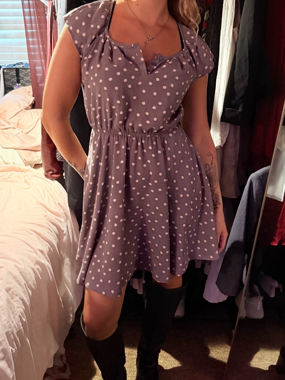 Lauren Conrad gray and white polka dot cap sleeve flowy mini dress